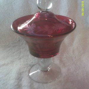 Cranberry colored cut glass candy snack dish
